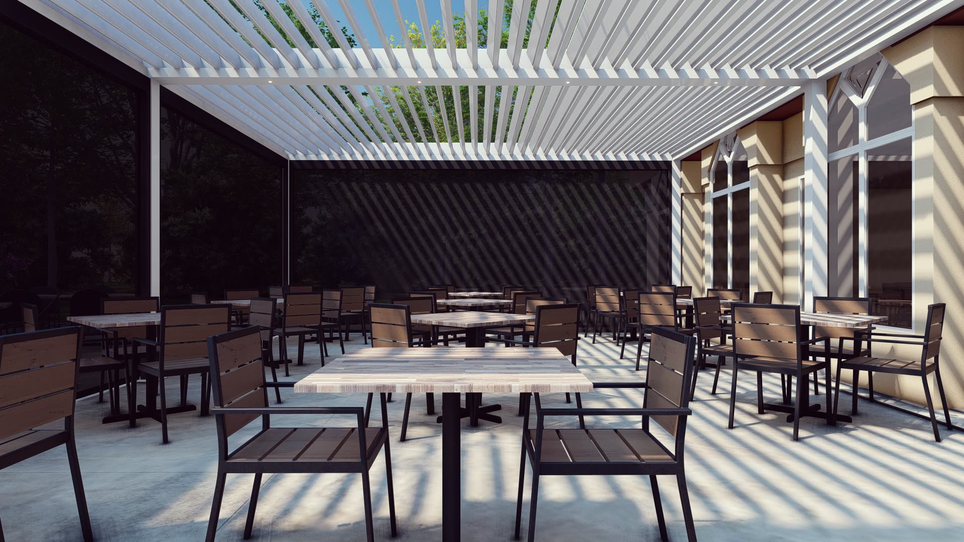 B2 Bistro North Brunswick — louvered roof evening view